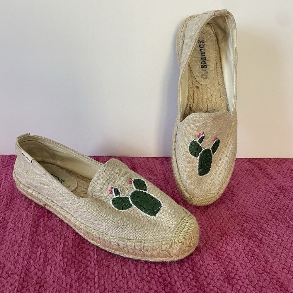 Soludos Espadrille Flats Embroidered Cactus Natural Beige Size 6.5